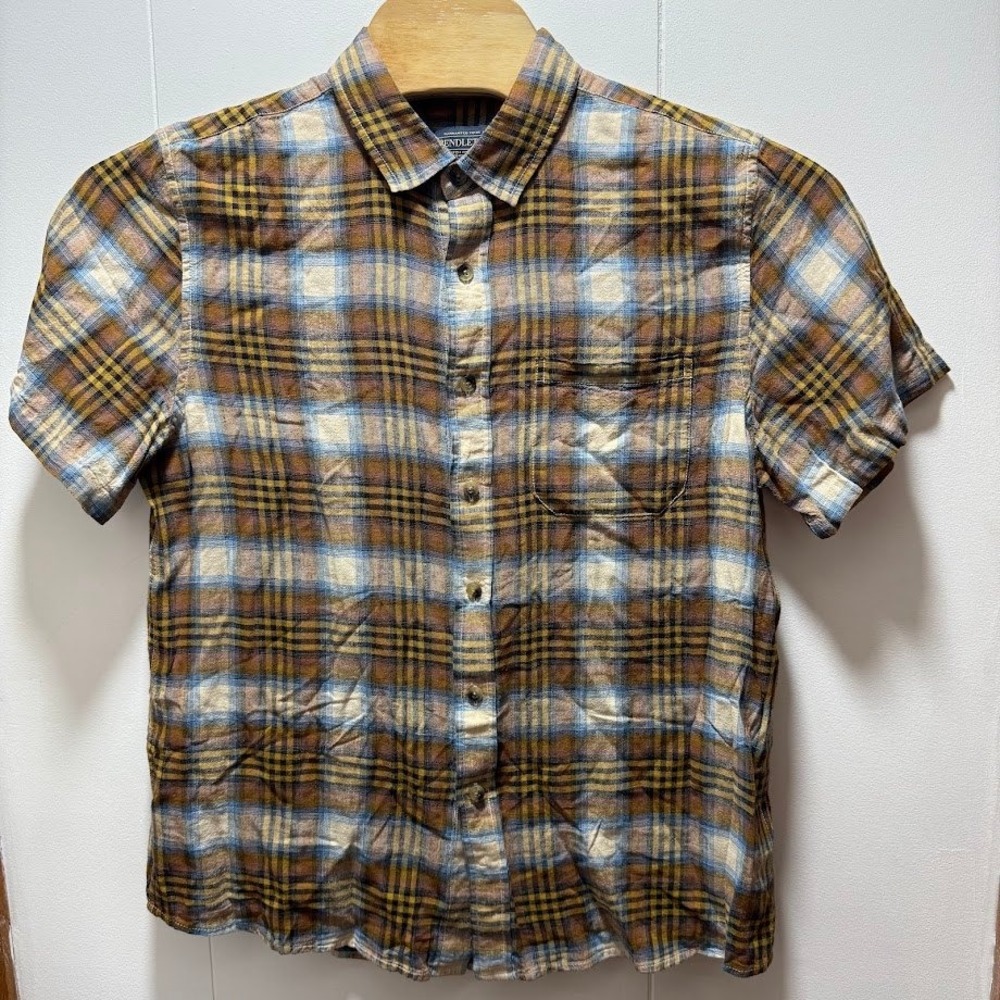 Pendleton Mens Large Short Sleeve Plaid Button Down Shirt Linen Rayon Brown Blue